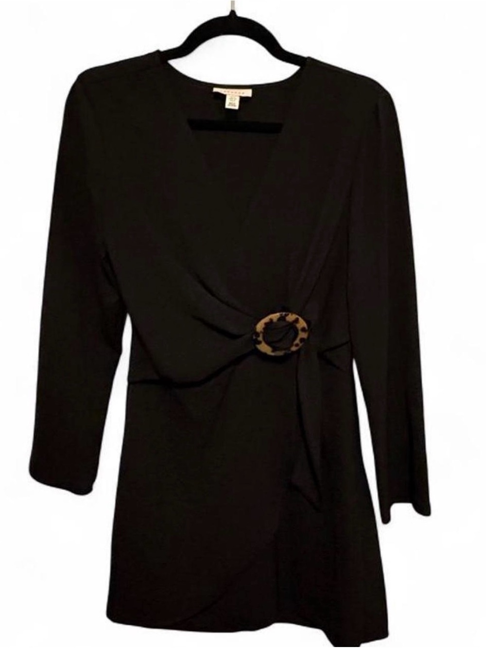 Topshop Black Mini Dress Size 4 Tortoise Shell Ring Belt V Neck Long Sleeve